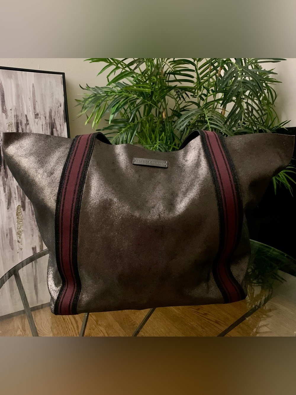 Brunello Cucinelli Metallic Gray Suede Tote Bag with Burgundy Black Straps Large